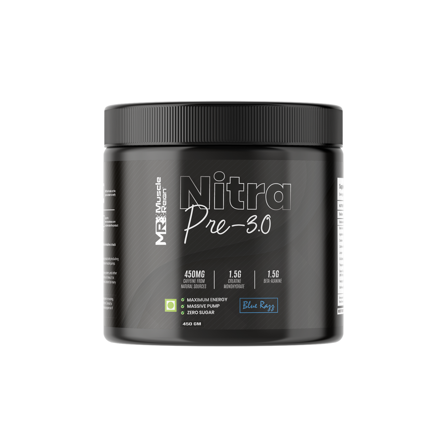 Muscle Reign Nitra Pre 3.0 pre workout supplement in Blue Razz flavor with energizing ingredients